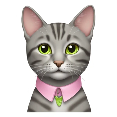 Gray tabby cat with lime green eyes wearing a baby pink collar sticker