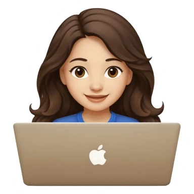 Cute female developer style sitting in front of laptop. No glasses, smiling with long hair waves. Light skin tone in early 20s. One black hair laptop sticker