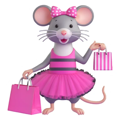 rat with a pink dress and tutu holding a black and white striped shopping bag sticker