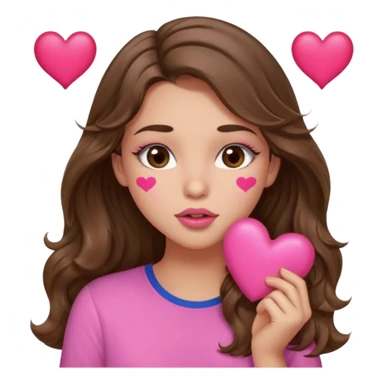 girl with long wavy brown hair, brown eyes, light to medium complexion, in a pink shirt, pink lips, long lashes, puckering lips kissing, blushing with hearts sticker