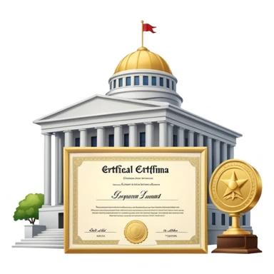 Government building with an official certificate or diploma document next to it sticker