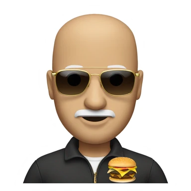 A white bald guy with a goatee wearing sunglasses and a gold chain holding a hamburger  sticker