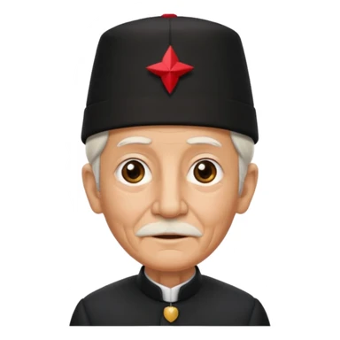 black suited old with fes hat sticker