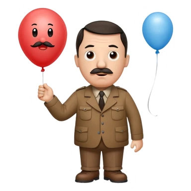 Adolf Hitler as a Mr. Men character, funny and cartoonish, with a small mustache and a surprised expression, wearing a brown shirt and holding a balloon sticker