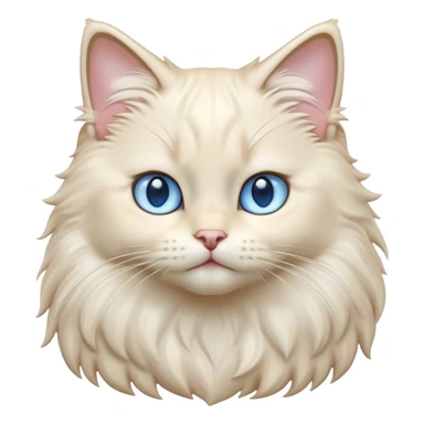 Cinematic Adorable Fluffy Cream Ragdoll Cat Portrait Emoji, Head tilted gracefully with soft, sparkling blue eyes, silky cream-colored fur with subtle darker points on the ears, face, and paws, Simplified yet noble features, highly detailed, glowing with a warm and gentle radiance, high shine, affectionate and poised, stylized with an air of elegance, bright and endearing, soft glowing outline, capturing the essence of a majestic and loving kitty, so dignified it feels like it could spring into action at any moment with grace! sticker