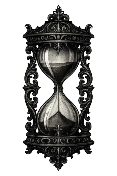 gothic hourglass, black and silver, ornate and dramatic, no background sticker
