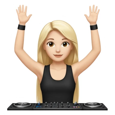 I want a white female dj animated gif emoji with long straight centre parting blonde hair, brown eye brows and putting hands up in the air. Wearing a black tight top with no sleeve sticker