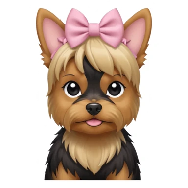 a Yorkshire Terrier face with a ponytail on head tied with a bow. Cute expression, flat design, pastel colors sticker