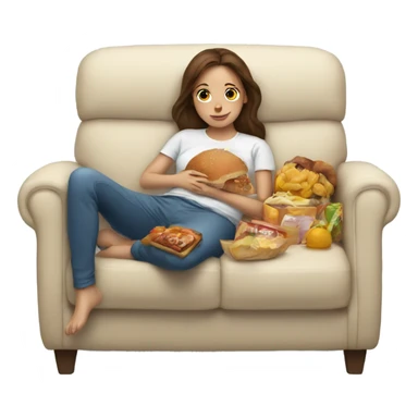 Girl with brown hair laying on couch with a food baby sticker