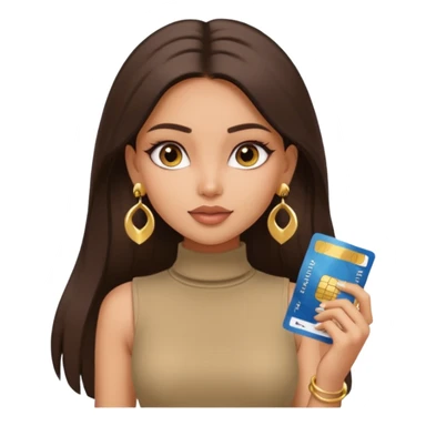 a pretty bratz fair indian girl wearing a beige sleeveless turtleneck, golden earrings, straight ling hair, holding bank cards, dark brown hair sticker