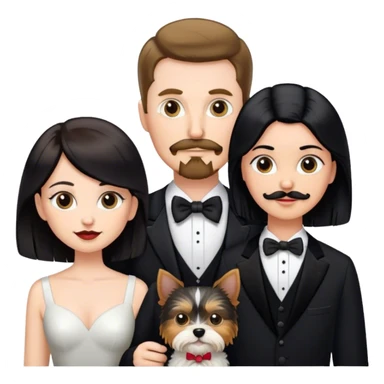Couple, Tall white man with short brown hair mustache and goatee, small pale woman long with black hair, with yorkie dog and tuxedo cat sticker