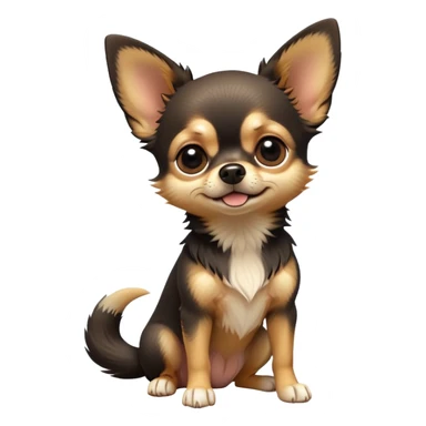 cinematic-[chihuahua dog]-realistic-full-body-sitting-emoji,-tail-resting-loosely-beside-its-paws,-head-tilted-dramatically,-scruffy-[black and tan]-fur,-simplified-yet-realistic-focused-features,-highly-detailed,-glowing-with-an-almost-sarcastic-glow sticker