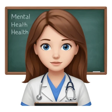university classroom that says Mental Health Nursing on the blackboard with a pretty female nursing student with long brown hair, blue eyes sticker