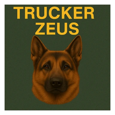 Further compress the image to reduce file size as much as possible while keeping transparency, realistic German Shepherd, and yellow 'Trucker Zeus' text. sticker
