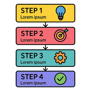 clean step card design with rectangular blocks connected by arrows, each block with title, icon, brief description, distinct colors, isolated on white background sticker