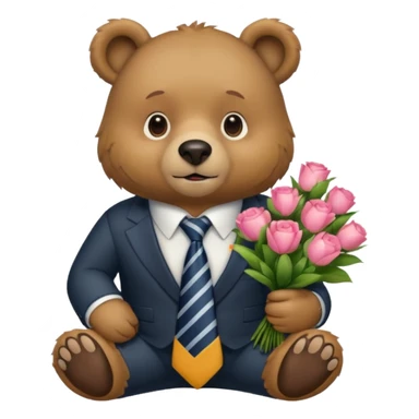 A bear sitting down wear a tie and holding a 💐 sticker