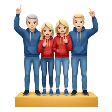 three people in jeans and hoodies on a winners podium with no numbers, middle step higher, center person holds up one finger on each hand, bright cheerful expressive emoji illustration sticker
