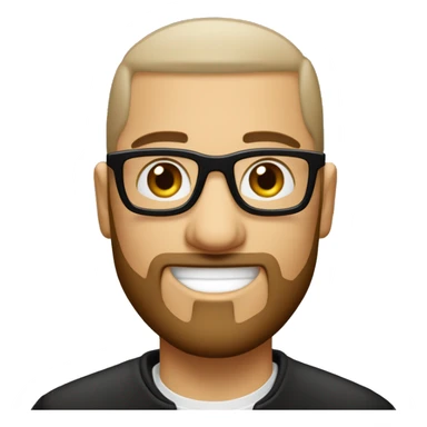 Un homme blanc avec une barbe noir rasé et des cheveux noir en buzz cut avec des yeux marron et des lunette fine et ronde qui travail sur un macbook sticker
