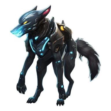 Warframe-inspired wolf Warframe with sleek biomechanical armor, a snarling wolf-like helmet, glowing eyes, and clawed gauntlets. Dark metallic colors with glowing energy lines, blending feral agility and deadly stealth. sticker
