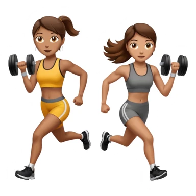 two women, one running and one lifting weights. brown hair, olive skin, hazel eyes. sticker