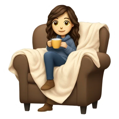 Brunette white girl covered in blanket autumn vibe sitting on a cozy chair holding coffee sticker