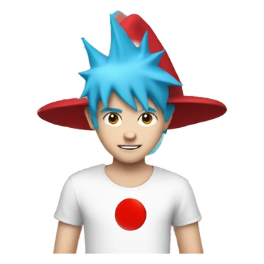 a white kid with cyan blue spiky hair with a red hat and a white shirt with a red circle in the middle and in the circle theres a red tilted line in it sticker