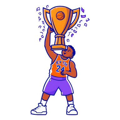 New York Knicks basketball player celebrating with NBA championship trophy, confetti, blue and orange sticker