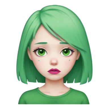 girl with green hair, pink lipstick, sad expression sticker