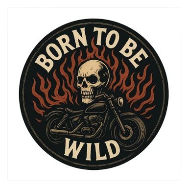 circular motorcycle cap design with transparent background, text 'Born to be wild', motif: flame, motorcycle, skull, dark style sticker