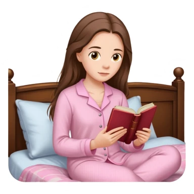  white long brunette hair girl with hazel eyes in light pink pajamas reading Pride and Prejudice sticker