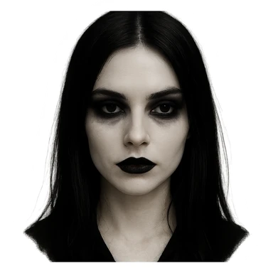 goth face, pale skin, black lipstick, dark eyeshadow, straight black hair, mysterious expression sticker