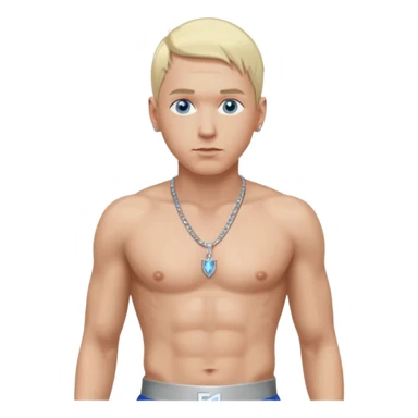 Eminem with blonde hair, shirtless with necklace, metallic silver pants, blue eyes sticker