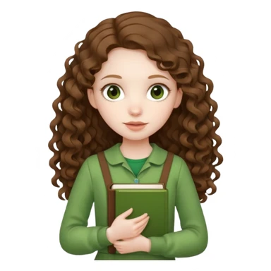 A girl with long brown curls and a green outfit holding a stacking book in her hand sticker