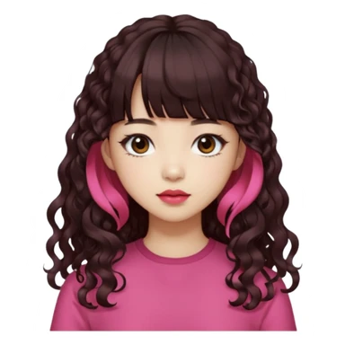 Korean girl, red top, black brown hair, brown eyes, long curly hair, aesthetic, long hair, hime cut, blunt bangs, pink lip, Cool girl sticker