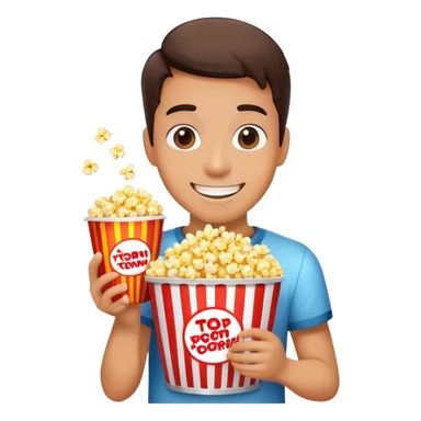 Person watching a movie with a happy face, holding popcorn bucket, cinema lights reflected on face sticker