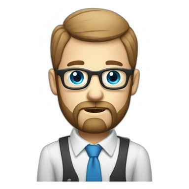 troubled business analyst on a call bald with beard with blue eyes and glasses with a phone sticker