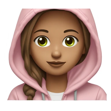 a girl with brown long hair, fair skin, green eyes, is working relaxed at a modern laptop in a monochrome pale pink zip hoodie with a hood and a pink monochrome T-shirt sticker