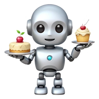 The cute robot is holding dessert in its hands, 3d emoji sticker