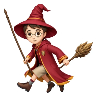 Cartoon-style illustration of Harry Potter flying on a broomstick, Gryffindor red and gold outfit, expressive face, dynamic motion, magical vibe, smooth shading, vibrant colors, no background, transparent background, isolated character. sticker