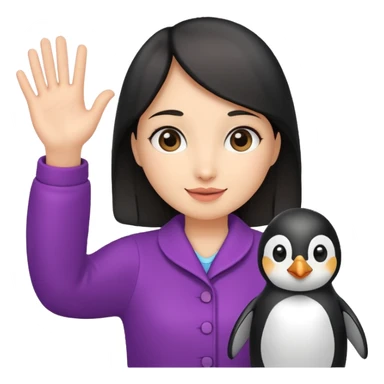 Girl waving hello while holding a penguin sticker