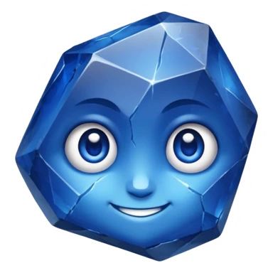 A single sapphire-blue faceted rock head, chunky and worn, with a few visible cracks and chipped facets but still shiny, big kind eyes and a confident smile sticker