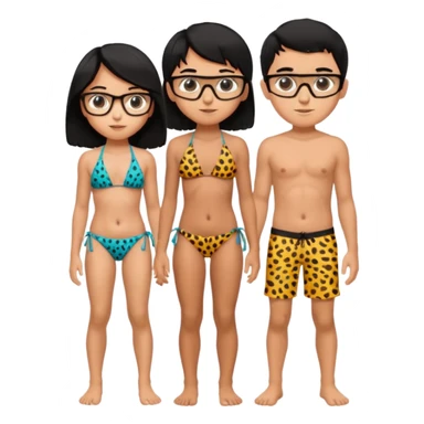 black haired girl with big boobs wearing a cheetah print bikini standing with a boy with black hair wearing glasses and shirt less girl with no glasses sticker