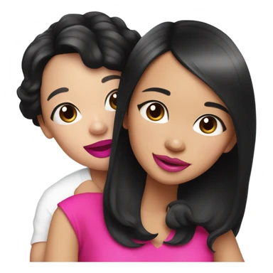Thick medium black hair with hot pink lips and pink cheek smiling Filipino lady hugging black and white Chihuahua  sticker