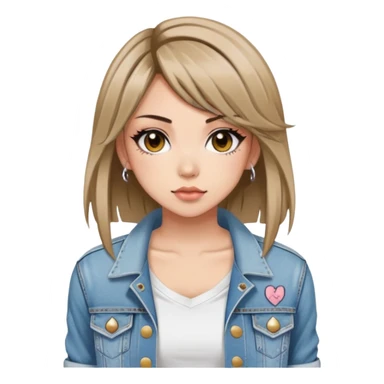 hime gyaru girl, tattoos, short brunette straight hair, white v neck tee with grunge jean jacket sticker
