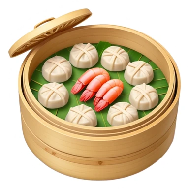 Cantonese dim sum bamboo steamer with shrimp dumplings, simplified emoji style with bold outlines and bright colors, cartoon style Chinese dim sum sticker