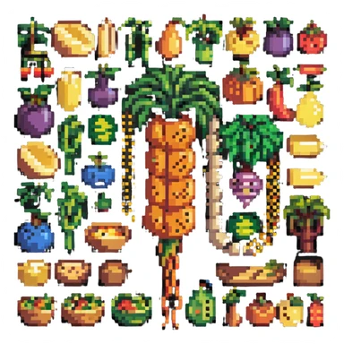 Pixel art of dietary fiber showing whole grains, vegetables, fruits and legumes connected by fiber strands, with an intestine character showing improved digestion sticker