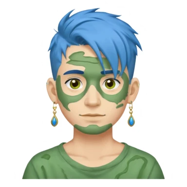 messy green clay mask man with earrings and blue hair sticker