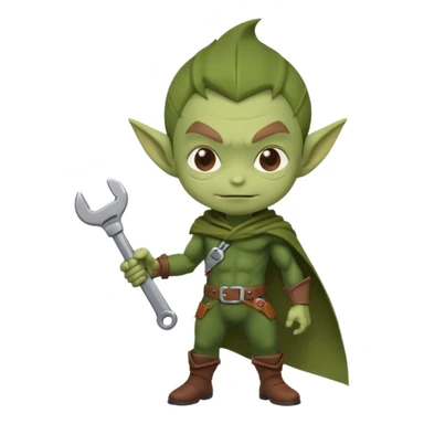 short green goblin, hold a wrench, brown cloth, cute chibi full body sticker