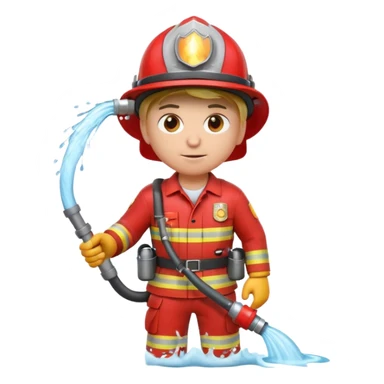 A 3D Apple-style emoji character dressed as a firefighter in a bright red uniform and helmet, holding a fire hose spraying water forward, determined expression with cartoonish eyes, water splashing effect, clean minimal background sticker