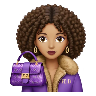 Beautiful black woman with curly hair. She is wearing a brown monogram Fendi jacket with a fur trim. She is carrying a Fendi Baguette
Purple sequined bag. I want the image close up. The jacket is not purple.  sticker